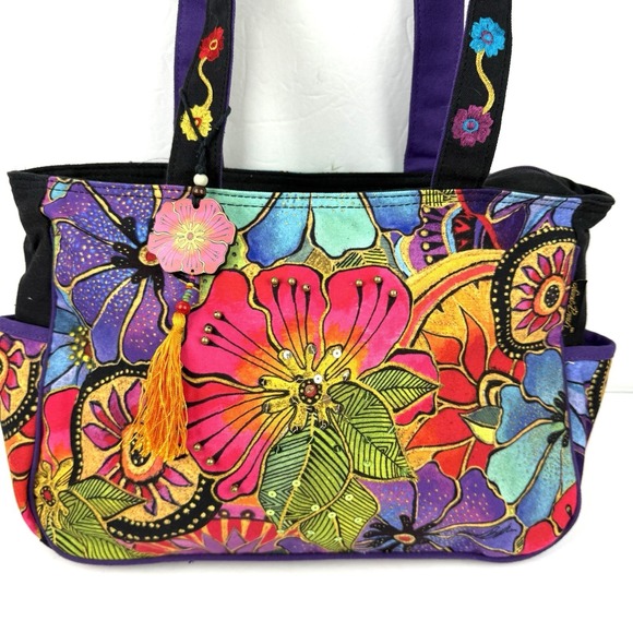 Laurel Burch Handbags - Laurel Burch Handbag Floral Canvas Colorful Boho Beaded Travel Shoulder Bag
